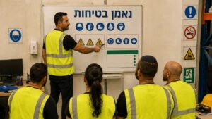 נאמן בטיחות מעביר הדרכת בטיחות לעובדים במקום העבודה
